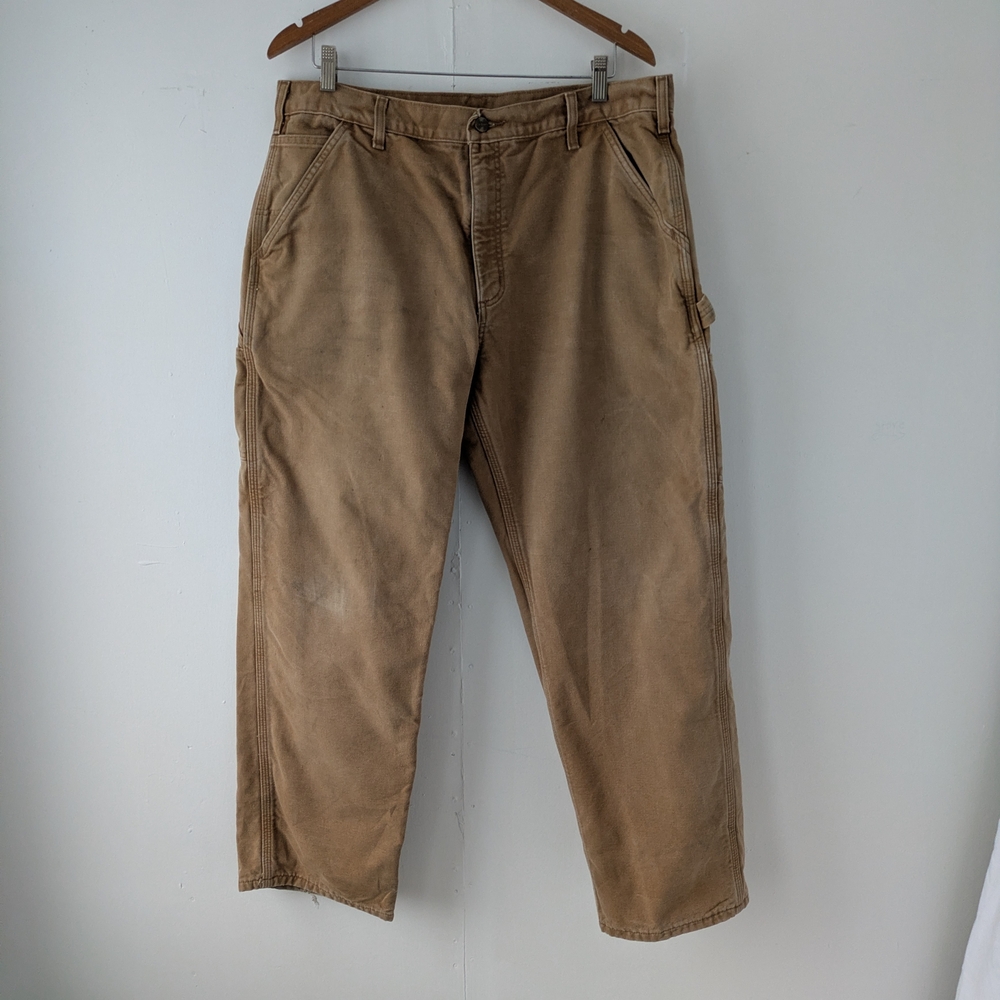Distressed Carhartt Lined Carpenter Pants Brown Men's Size 38 Fits 35x29